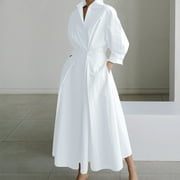 Brilliant Winter Dresses for Women Womens Casual Turn-down Collar Long Sleeve Waist Solid Long Dresses White S