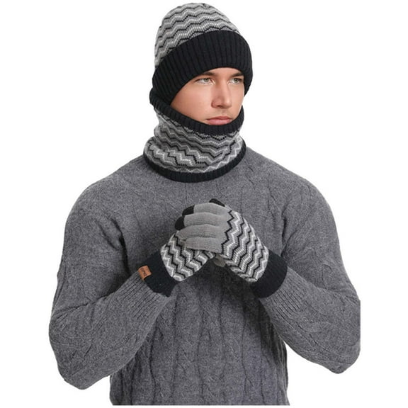 Brilliant Winter Hats and Gloves for Men Men's Stripe Winter Woolen Hat Set Color Blocked Knitted Hat Scarf Glove Black