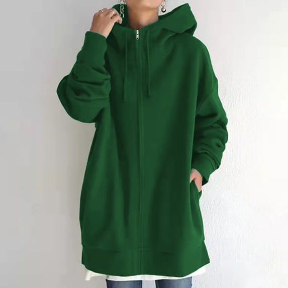 Brilliant Winter Jackets for Women Athletic Women's Solid Color Hoodie Zipper Long Sleeve Sweatshirts Long Coat Tops with Pockets Green L