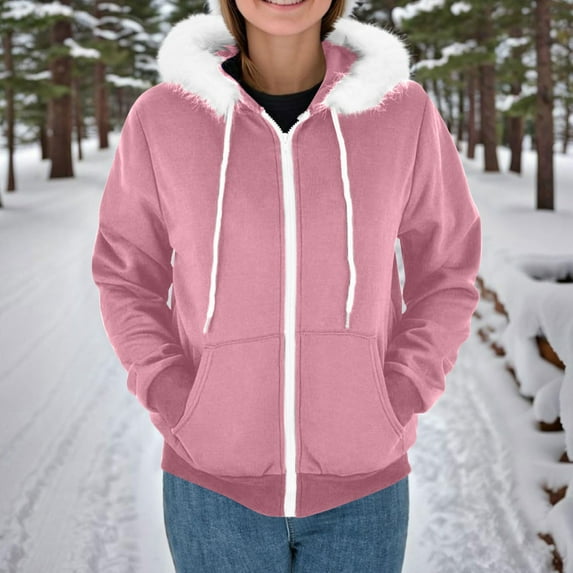 Brilliant Winter Jackets for Women Clearance under $10.00 Fashion Women Casual Hooded Slim Zipper Fleece Sweater Coat Pink L