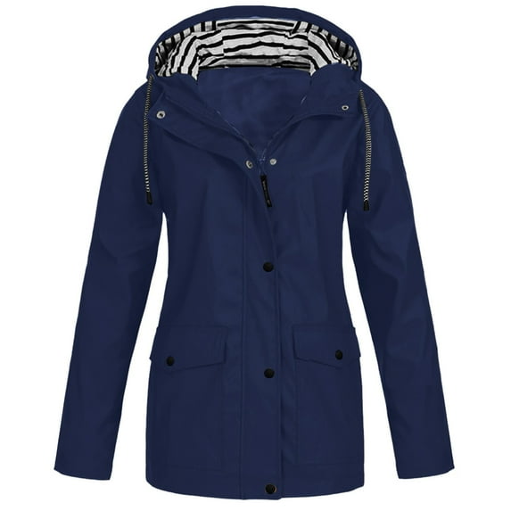 Brilliant Winter Jackets for Women Clearance under $10.00 Women Solid Rain Jacket Outdoor Plus Size Hooded Raincoat Windproof Blue XXXXL