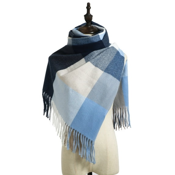 Brilliant Winter Scarf for Women Cold Weather Ladies Scarf Striped Color Plaid Shawl Elegant Ladies Style Warm Comfortable and Colorful Cotton Scarf Blue Scarves&Shawls
