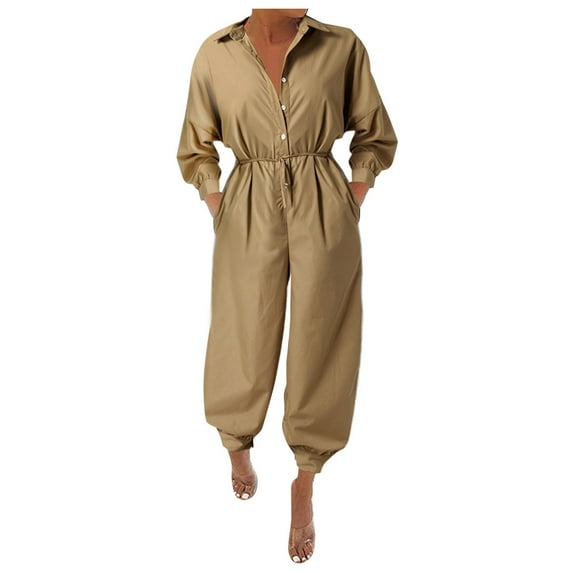 Brilliant Women Jumpsuit Plus Size Jumpsuits for Women Women Lady Bandage Lapel Slim Long Button Rompers Long Pants Jumpsuits Trousers Clearance Clothes under $5.00