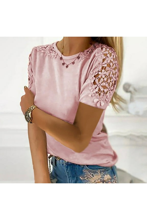 Brilliant Women Ladies Solid Short Sleeve Pullover Lace Tops Blouses for Women $5 Tops T-Shirts Pink XXL