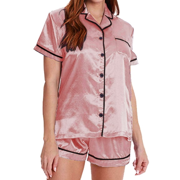Brilliant Women Onesie Pajamas Womens Pajamas Set Women Summer Home Button Down Solid Satin Pajama Short Sleeve Set Sleepwear PJs Clothes under $5.00