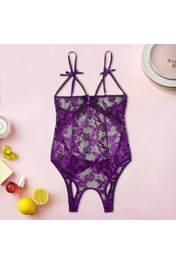 Brilliant Women's Lingerie Plus and Regular Sizes Ladies Cool Girl Lingerie Lace Solid Sedin Seductive Sling Jumpsuit Suit(Purple,XXL) Clearance Clothes under $5.00