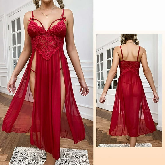 Brilliant Women's Sleepwear Night Gown Sexy Mesh Deep V Lace Pajamas Side Slit Sling Skirt Extended Home Dress Pajama Dress Women's Set Clearance Clothes under $5.00