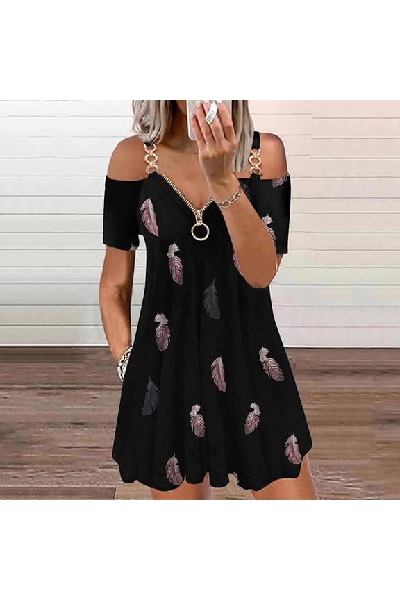 Brilliant Womens Clothes Women Casual Zipper Printing V-Neck Strapless Sexy Sling Short Dress Holiday Party/Pink