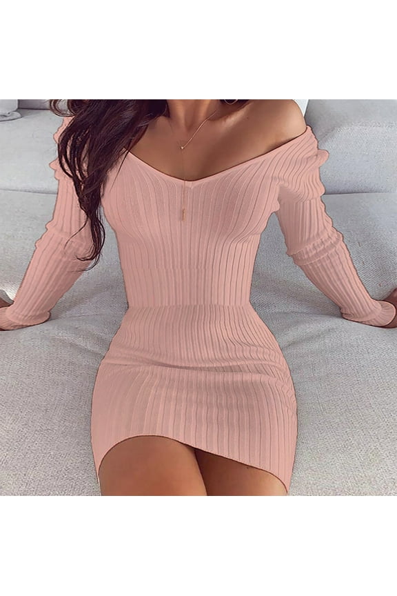 Brilliant Womens Dresses Fashion Women's Sexy Solid V-Neck Long-sleeved Sheath Tight Dress clothes under $5.00