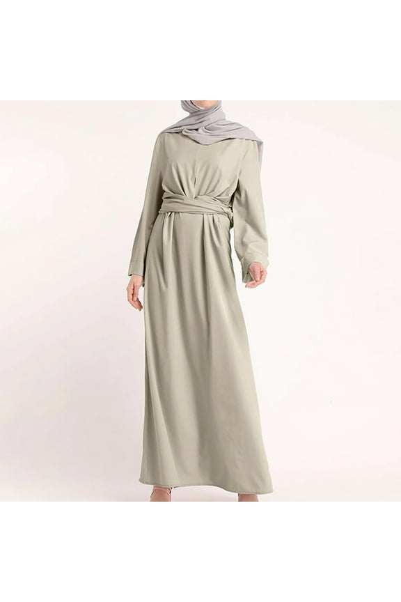 Brilliant Womens Dresses Outlet Long Sleeve Neck Belt Dress Dress Solid Robe Vintage Elegant Kaftan Fashion Clothes under $5.00