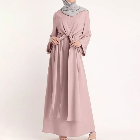 Brilliant Womens Dresses Outlet Long Sleeve Neck Belt Dress Dress Solid Robe Vintage Elegant Kaftan Fashion Clearance Clothes under $5.00