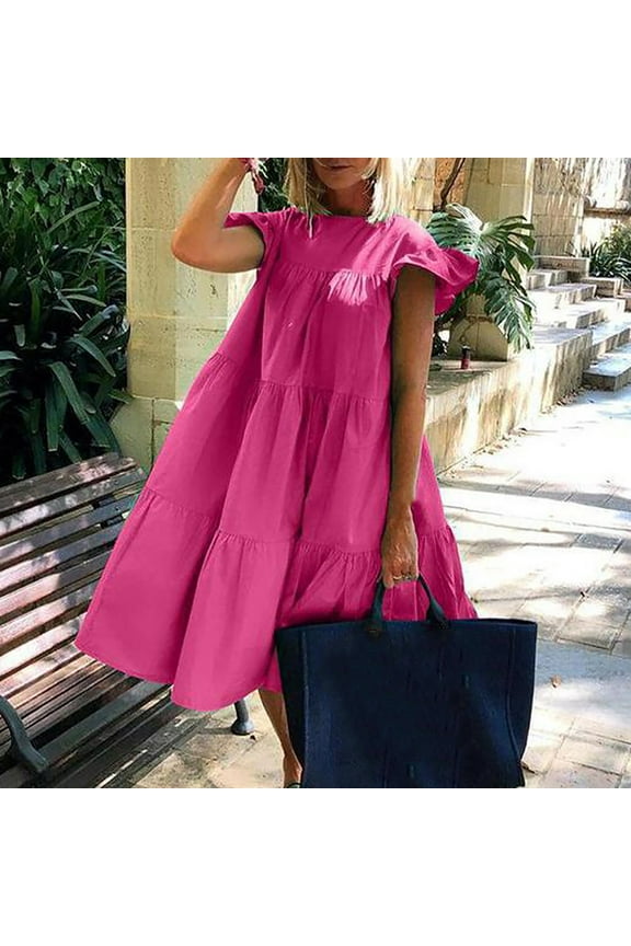 Brilliant Womens Dresses Outlet Women's Summer Fashion Casual Round Neck Solid Ruffle Loose Dress clothes under $5.00