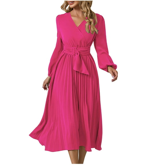 Brilliant Womens Dresses Petite Women's Summer Slim Pleated Belt Long Sleeve V-Neck A-Line Dress Clearance Clothes under $5.00