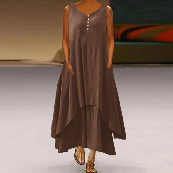 Brilliant Womens Dresses Plus Size Fashion Women Casual Solid Round-Neck Sleeveless Vest Long Dress Summer Brown S-5XL