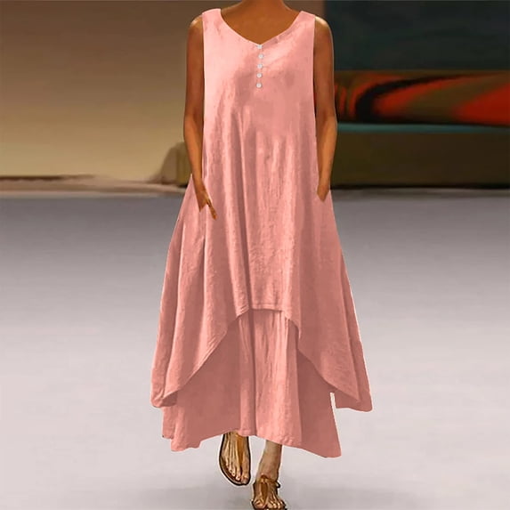 Brilliant Womens Dresses Plus Size Fashion Women Casual Solid Round-Neck Sleeveless Vest Long Dress Summer Pink S-5XL