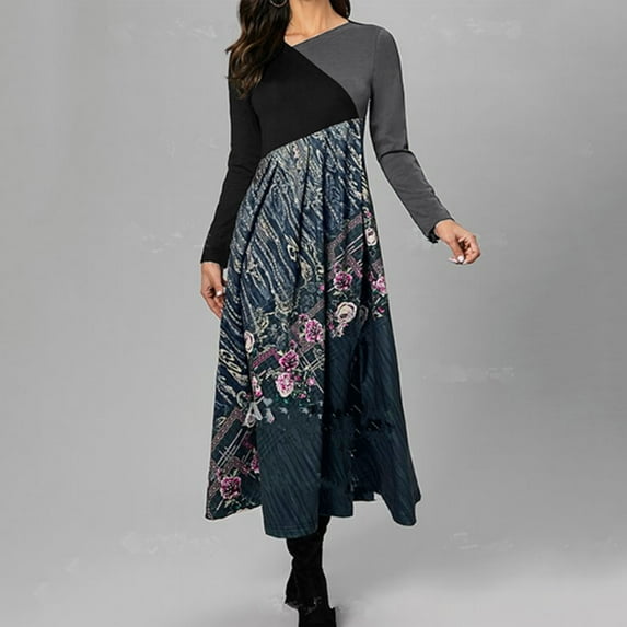 Brilliant Womens Dresses Plus Size Women and Winter Casual Slim Long-Sleeved Long Bohemian Printed Dress, Fall Dresses for Women Summer Black S-3XL