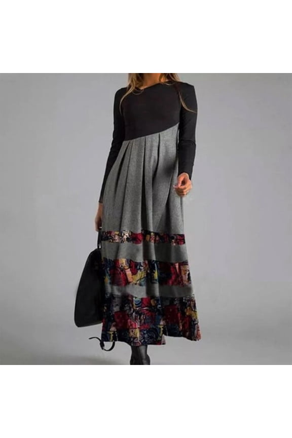 Brilliant Womens Dresses Plus Size Women and Winter Casual Slim Long-Sleeved Long Bohemian Printed Dress, Fall Dresses for Women Summer Gray S-3XL