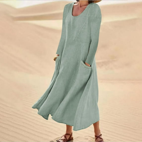 Brilliant Womens Dresses Plus Size Women's Fashion Long Sleeve Color Cotton Linen Round Neck Pocket Dress Summer Green S-4XL