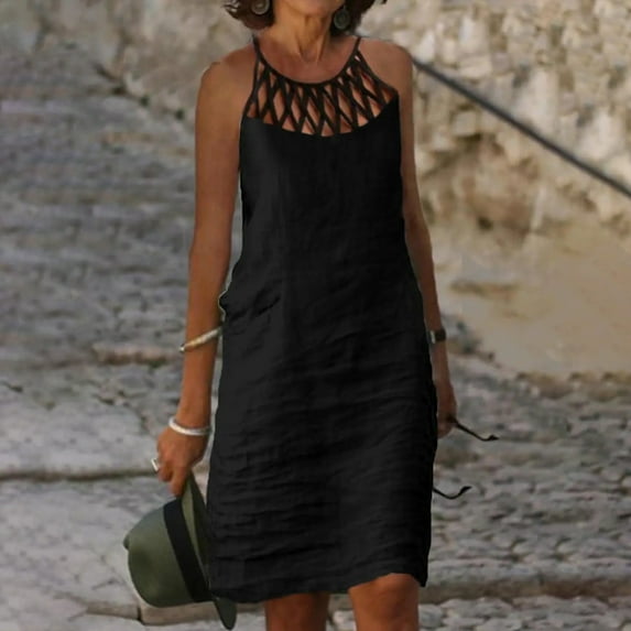 Brilliant Womens Dresses Plus Size Women's Fashion Round Neck Loose Sleeveless Solid Knee-High Dress Long Dress Summer Black S-2XL