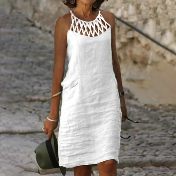 Brilliant Womens Dresses Plus Size Women's Fashion Round Neck Loose Sleeveless Solid Knee-High Dress Long Dress Summer White S-2XL