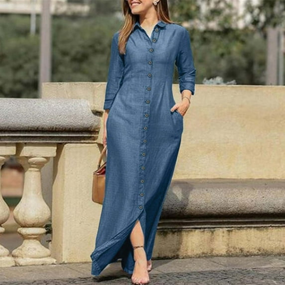 Brilliant Womens Dresses under $10 Women's Fashion Turndown Collar Loose and Comfortable Sleeve Dress Clearance