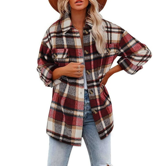 Brilliant Womens Jackets and Outerwear Fall Women Casual Long Sleeve Buttons Loosing Printing Lattice Coat Tops Clearance Clothes under $5.00