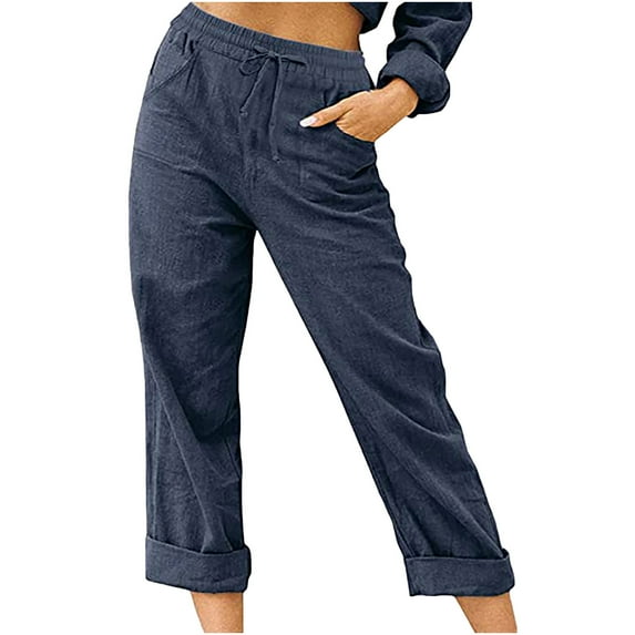 Brilliant Womens Pants Clearance under $10 Women Casual Solid Color Pockets Bandage Elastic Waist Comfortable Straight Pants Blue S-3XL