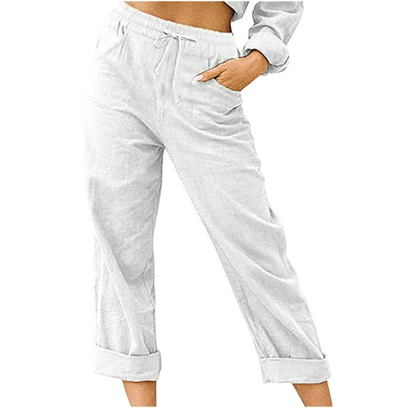 Brilliant Womens Pants under $10 Women Casual Solid Color Pockets Bandage Elastic Waist Comfortable Straight Pants White S-3XL