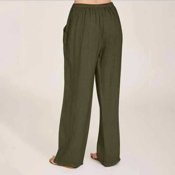 Brilliant Womens Pants Plus Size Women Casual Solid Cotton Linen Drawstring Elastic Waist Long Wide Leg Pants Green S-4XL