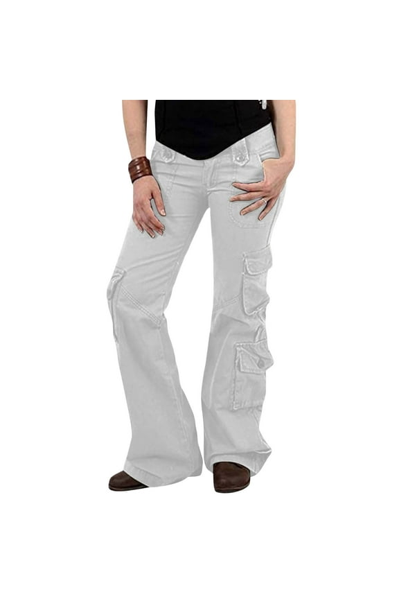 Brilliant Womens Pants with Pockets Boot Cut Cargo Pants for Women Ladies Pants Hippie Punk Trousers Streetwear Jogger Pocket Loose Overalls Long Pants Clothes under $5.00