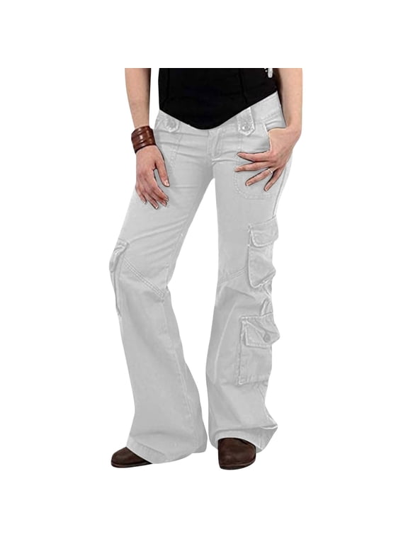 Brilliant Womens Pants with Pockets Boot Cut Cargo Pants for Women Ladies Pants Hippie Punk Trousers Streetwear Jogger Pocket Loose Overalls Long Pants Clothes under $5.00