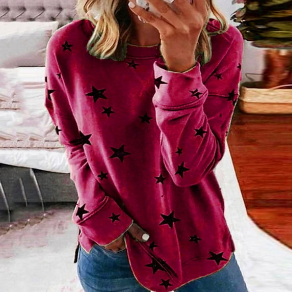 Brilliant Womens Plus Size Women Fashion Star Print Patchwork Long Sleeves Tops Blouse Sweatshirt Clearance Clothes under $5.00
