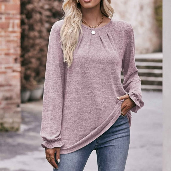 Brilliant Womens Shirts Blouse Women's Fashion Round Neck Long Sleeve Loose T-shirt Clearance Clothes under $5.00