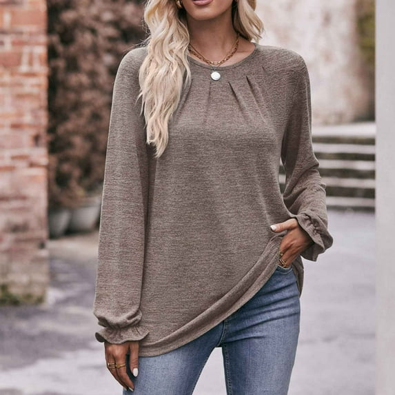 Brilliant Womens Shirts Blouse Women's Fashion Round Neck Long Sleeve Loose T-shirt Clearance Clothes under $5.00
