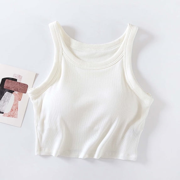Brilliant Womens Tank Tops $4.98 Womens Tank Tops Plus Size Built in Bra Solid Color Chest Cushion Exposed Navel Camisole with Blouse White M