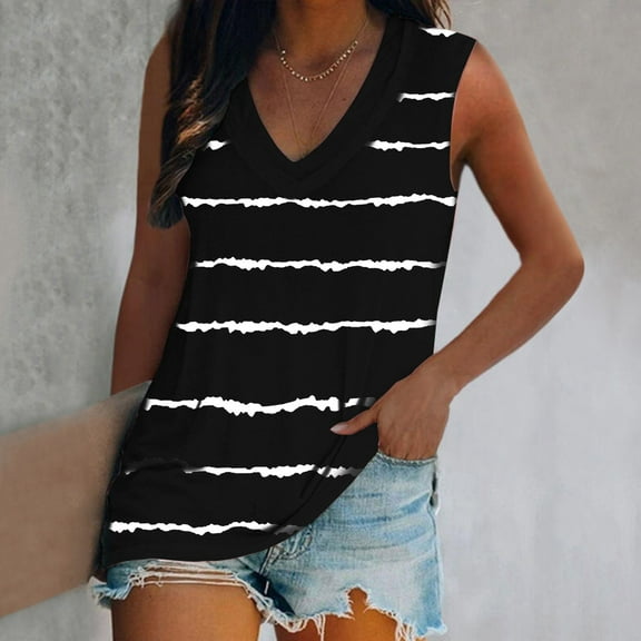 Brilliant Womens Tank Tops Plus Size Fashion Women's Summer V-Neck Sleeveless Striped Casual Tank Top Blouse (Black,XL)