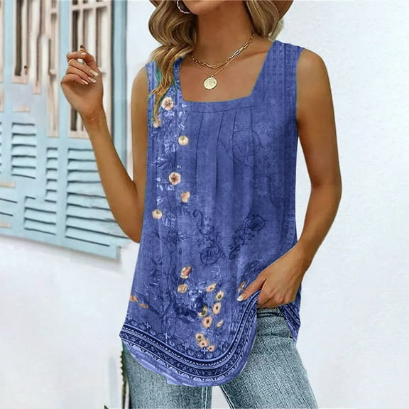 Brilliant Womens Tank Tops Plus Size Women's Summer Casual Loose Fit Pleated Neck Sleeveless Shirts Tops (Blue,XXL)