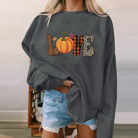 Brilliant Womens Tops 3/4 Sleeve Fall Clothes Women Halloween Sweatshirt Women Pumpkin Coffee Graphic Sweatshirts Cute Halloween Shirts Fall CrewNeck Sweatshirt Gray S