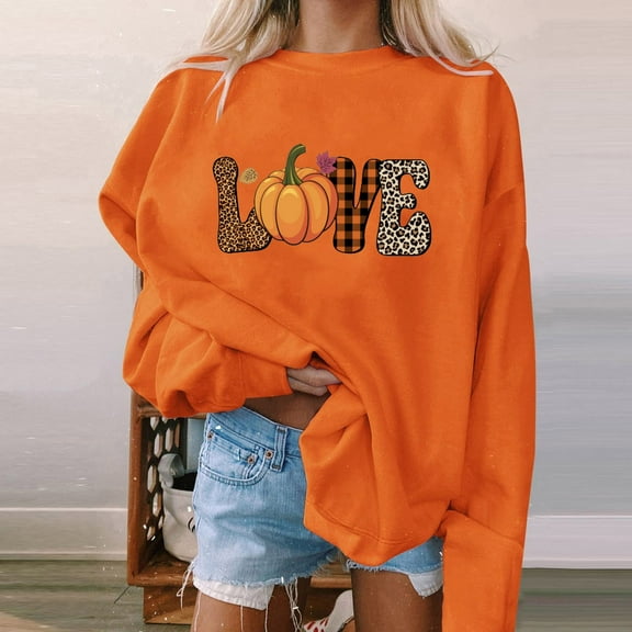 Brilliant Womens Tops 3/4 Sleeve Fall Clothes Women Halloween Sweatshirt Women Pumpkin Coffee Graphic Sweatshirts Cute Halloween Shirts Fall CrewNeck Sweatshirt Orange M
