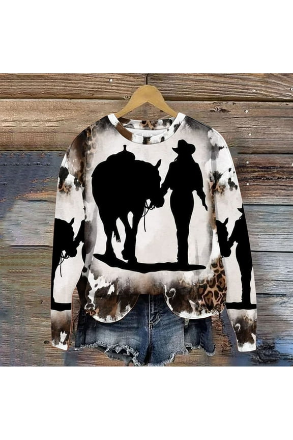 Brilliant Womens Tops 3/4 Sleeve Fall Clothes Women Women's Retro Western Patchwork Cowhide Patchwork Art Retro Print Cow Long Sleeved Round Neck Hoodies Top Brown L