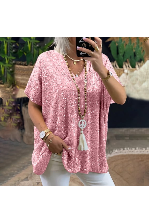 Brilliant Womens Tops under $5 Tops for Women Elegant Sparkly Tee Blouses Cocktail Party Club Tops Women Sexy Short Sleeve Loose Polluer Solid V-Neck Blouse Shirt Pink XXL