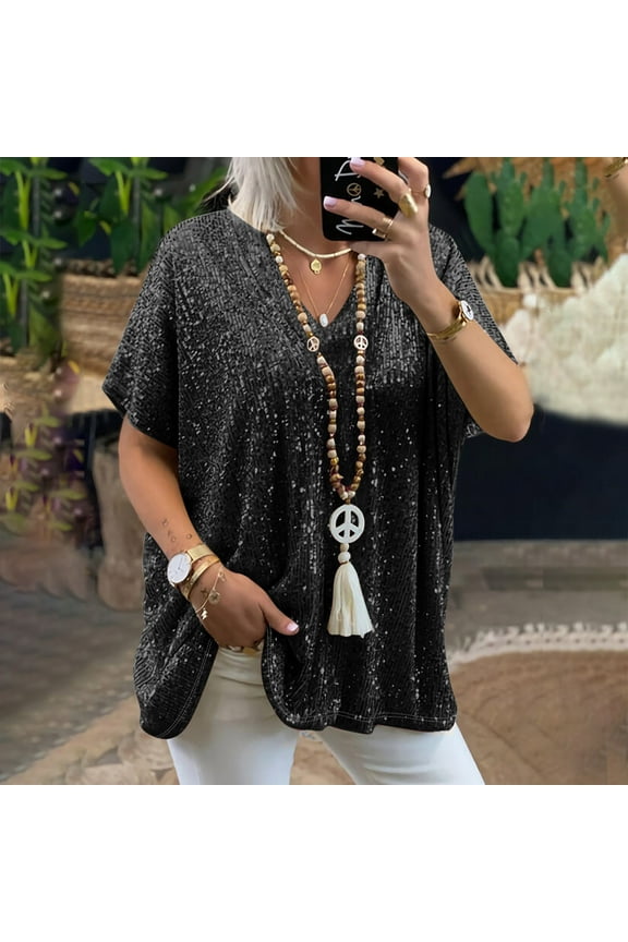 Brilliant Womens Tops under $5 Tops for Women Elegant Sparkly Tee Blouses Cocktail Party Club Tops Women Sexy Short Sleeve Loose Polluer Solid V-Neck Blouse Shirt Black XXXL