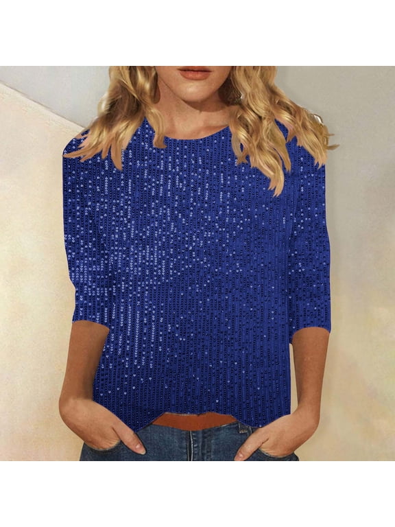 Brilliant Womens Tops under $5 Tops for Women Elegant Sparkly Tee Blouses Cocktail Party Club Tops Women's Pullover Shirt Casual Round Neck 3/4 Sleeve Top Blue XL