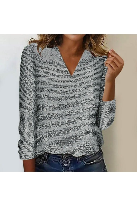 Brilliant Womens Tops under $5 Tops for Women Elegant Sparkly Tee Blouses Cocktail Party Club Tops Womens Sexy V-Neck Solid Color Long Sleeve Casual Blouse Tops Blouse Gray XXL