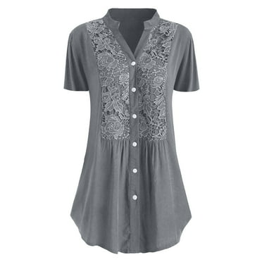 Brilliant Womens Tops Clearance under $10 Spring Summer 2024 Fashion Women Casual Plus Size Lace Short Sleeve V-Neck Shirt Blouse Tops/Gray/S-5XL