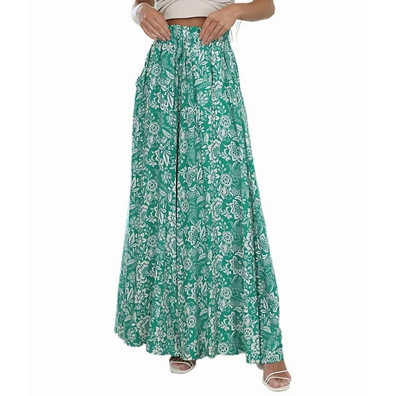 Wide Leg Pants Woman Flowy Floral Palazzo Pants for Women High Waisted Summer Casual Trousers Green Print S