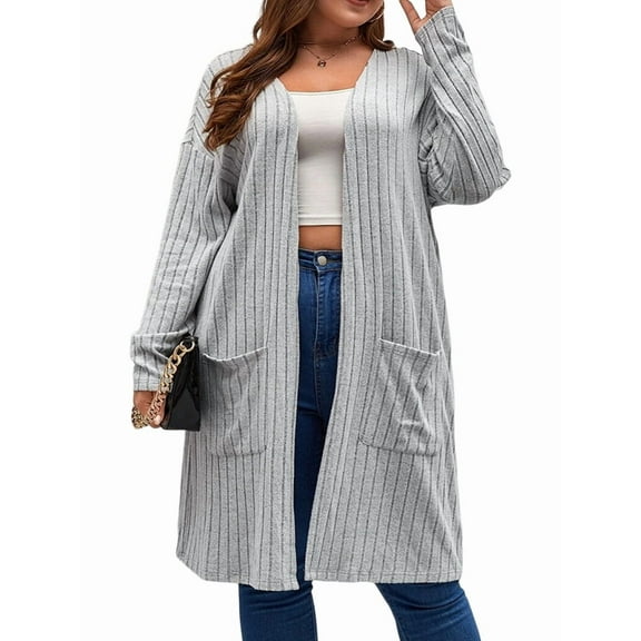 Plus Size - Soft Knit Cardigan Long Sleeve Open Front Coat with Pockets Grey XL