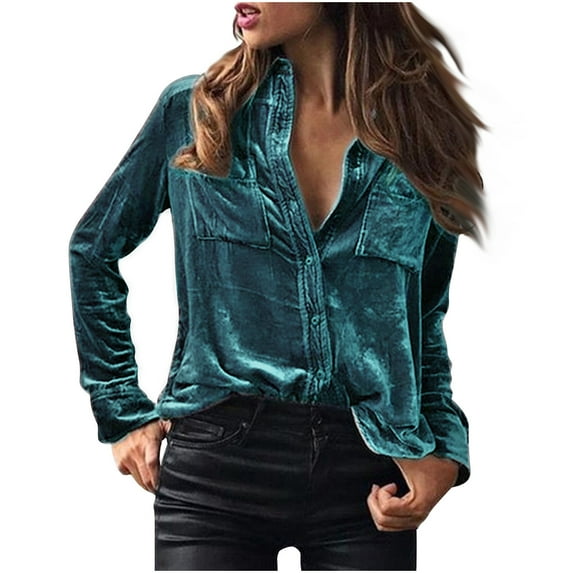 Brilliant Womens Tops Clearance under $5 Women's New Solid Color Lapel Long Sleeved Gold Velvet Shirt Top Blue XXL