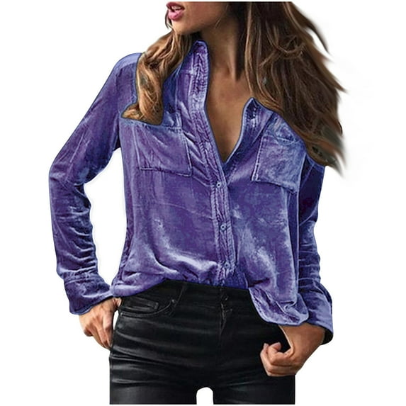 Brilliant Womens Tops Clearance under $5 Women's New Solid Color Lapel Long Sleeved Gold Velvet Shirt Top Purple S