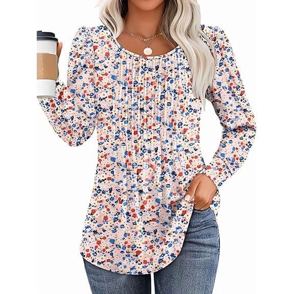 Women'S Puff Long Sleeve Pleated Crew Neck Blouses Dressy Casual Loose Fit Winter and Spring Shirts Pink Floral XXL